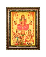 Hitech Sales Lord Sri Laxmi Ganesh Saraswati gold plated photo with Light Weighted Waterproof Glass Cover 9X7 Wooden Frames for Table, Temple Wall, Mandir, Gym, and Outdoor Spaces, Home Decor