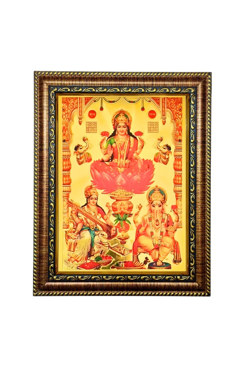 Hitech Sales Lord Sri Laxmi Ganesh Saraswati gold plated photo with Light Weighted Waterproof Glass Cover 9X7 Wooden Frames for Table, Temple Wall, Mandir, Gym, and Outdoor Spaces, Home Decor
