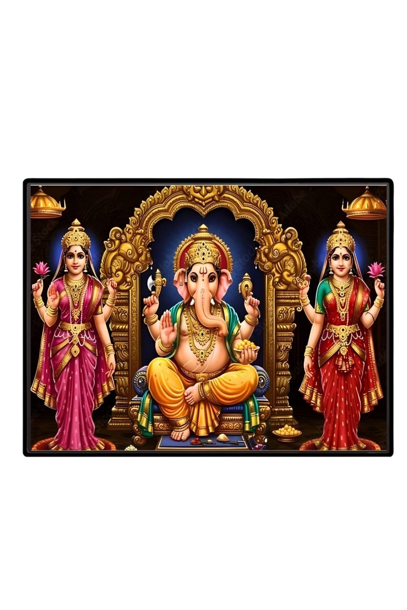 Lord Ganesha Maa Laxmi Saraswati Laminated Photo - 7x9 Inches, Divine Blessings For Home & Office And Temple Decoration (F16139)