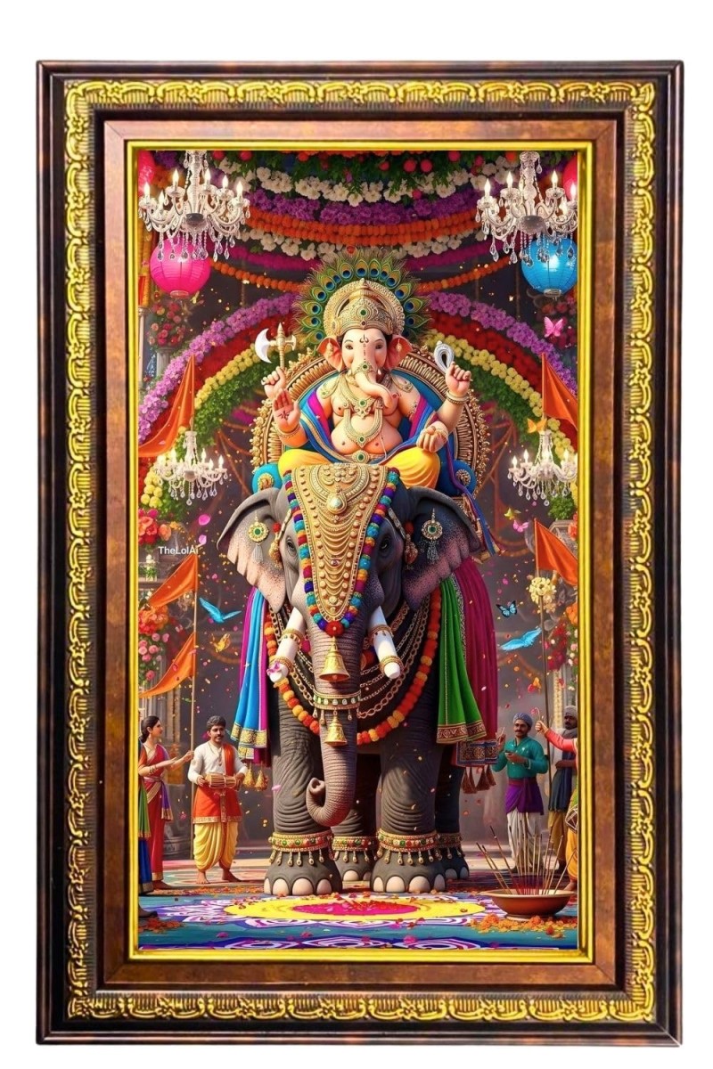 Lord Ganesha Digital Golden Balck Color Photo Frame | Hindu Religious Wall Decor | 10x16 Inches - Inspirational Wall Art For Office, Home Decor - Ideal Spiritual Gift (F16477)