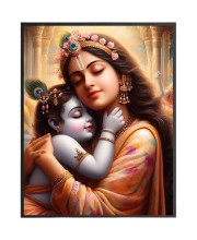 Divine Krishna with Yashoda Mata Wood-Laminated Photo Frame: Versatile Décor for Wall, Table, and Sacred Spaces - Ideal for Gifts, Puja, and Living Room Ambiance