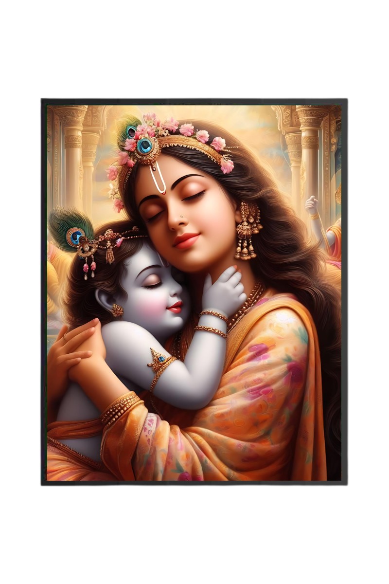 Divine Krishna with Yashoda Mata Wood-Laminated Photo Frame: Versatile Décor for Wall, Table, and Sacred Spaces - Ideal for Gifts, Puja, and Living Room Ambiance