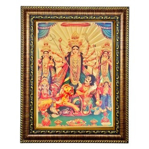 Hitech Sales Lord Maa Durga Family Light Weighted photo Frame Waterproof Acrylic 3d photo with Wooden Frames for Table, Temple Wall, Mandir, Gym, and Outdoor Spaces, Home Decor