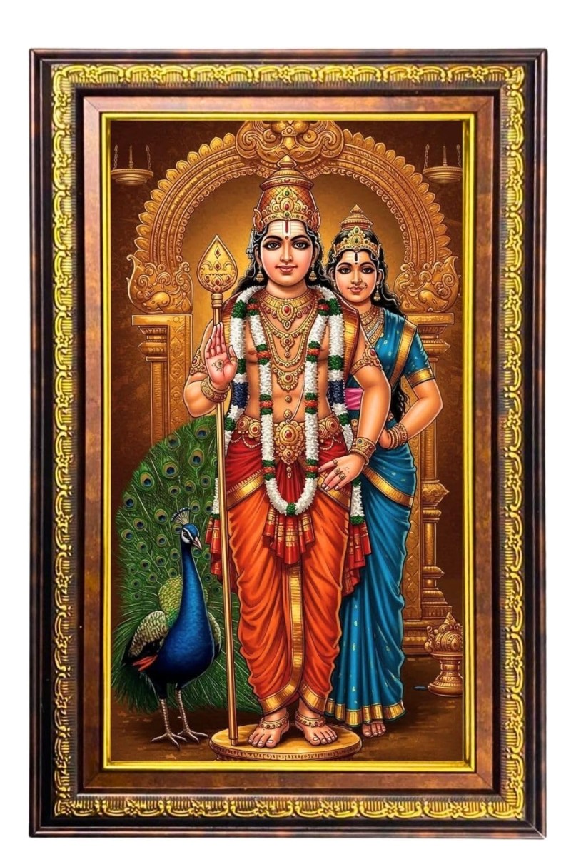 Lord Karthikeya And Valli Digital Golden Balck Color Photo Frame | Hindu Religious Wall Decor | 10x16 Inches - Inspirational Wall Art For Office, Home Decor - Ideal Spiritual Gift (F16474)