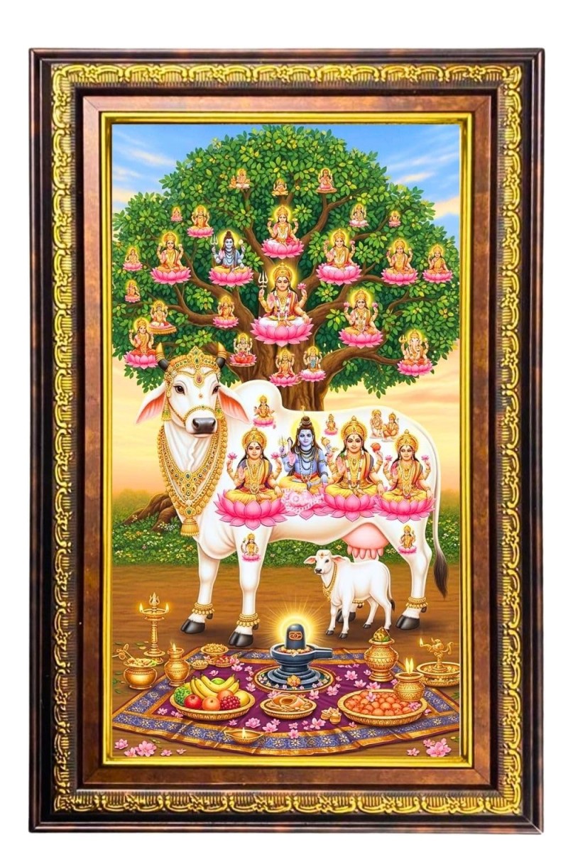 Kamadhenu Digital Golden Balck Color Photo Frame | Hindu Religious Wall Decor | 16x22 Inches - Inspirational Wall Art For Office, Home Decor - Ideal Spiritual Gift (F16787)