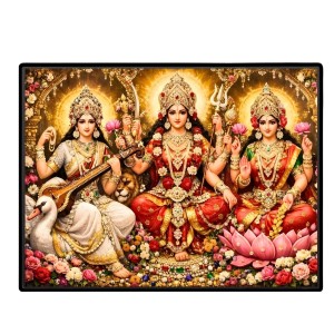 Lord Ganesha Maa Laxmi Saraswati Laminated Photo - 7x9 Inches, Divine Blessings For Home & Office And Temple Decoration (F16137)
