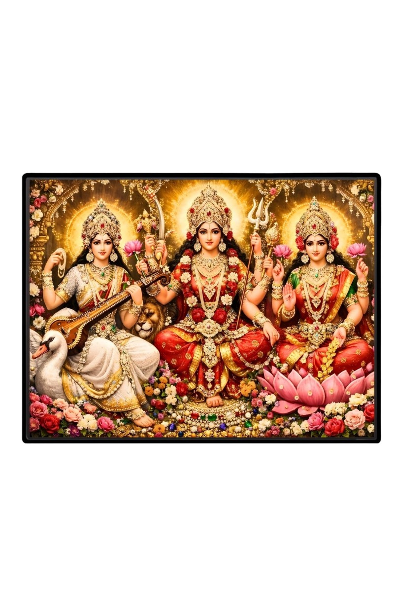 Lord Ganesha Maa Laxmi Saraswati Laminated Photo - 7x9 Inches, Divine Blessings For Home & Office And Temple Decoration (F16137)