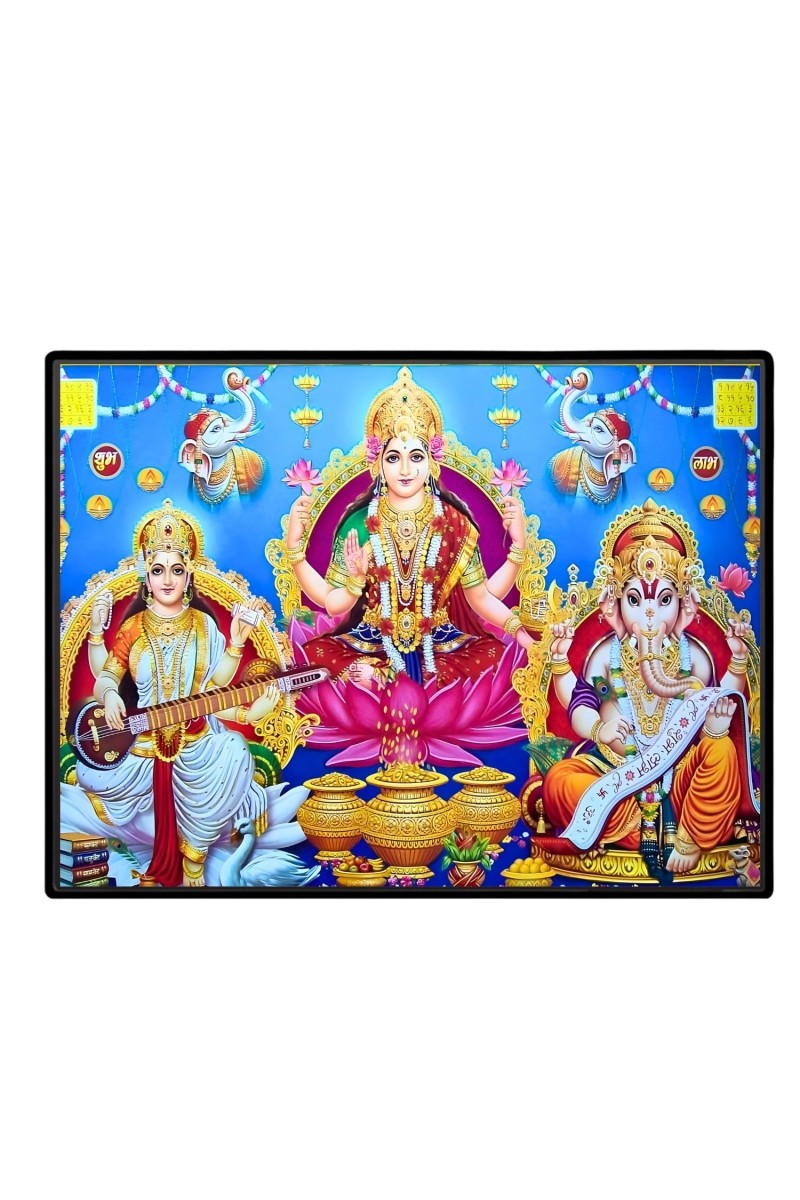 Lord Ganesha Maa Laxmi Saraswati Laminated Photo - 7x9 Inches, Divine Blessings For Home & Office And Temple Decoration (F16123)