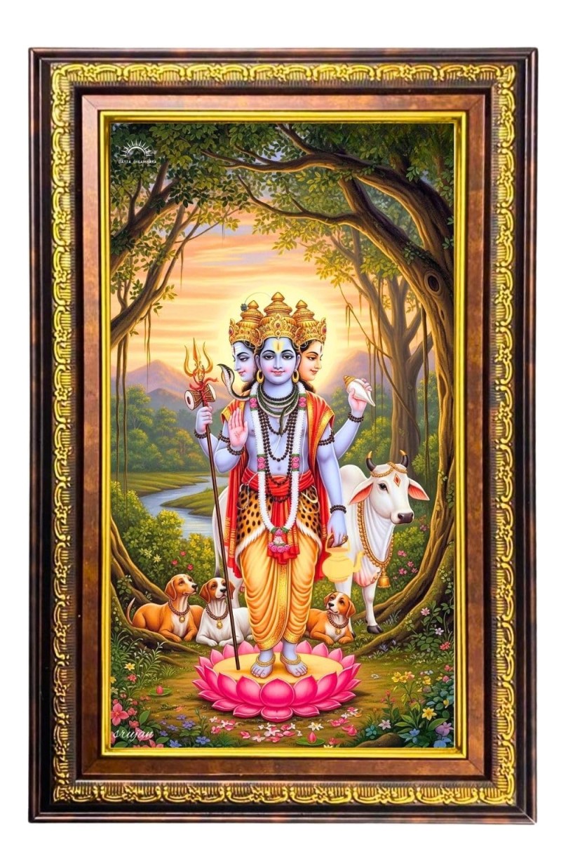 Lord Dattatreya Digital Golden Balck Color Photo Frame | Hindu Religious Wall Decor | 10x16 Inches - Inspirational Wall Art For Office, Home Decor - Ideal Spiritual Gift (F16871)