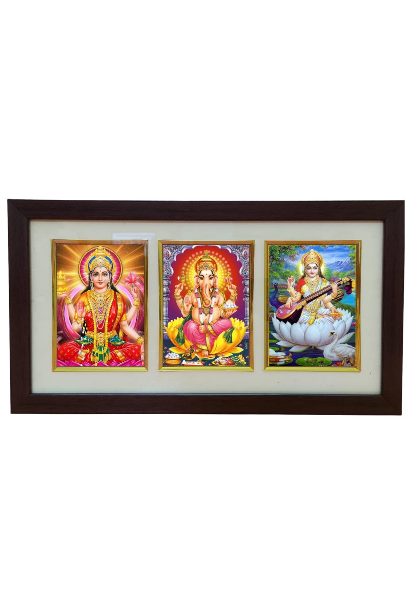 Hi Tech Sales Dhan-Laxmi, Ganesh, Saraswati photo frame || Three pictures in one Frame || Laminated photo frame for wall, living room, gifts (synthetic wood Base and Front Laminated)