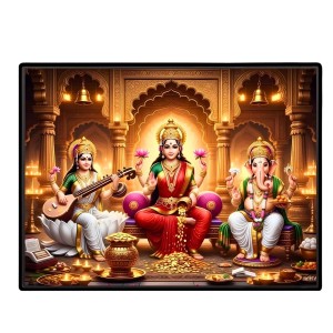 Lord Ganesha Maa Laxmi Sarswati Laminated Photo - 9x11 Inches, Divine Blessings For Home & Office And Temple Decoration (F16147)