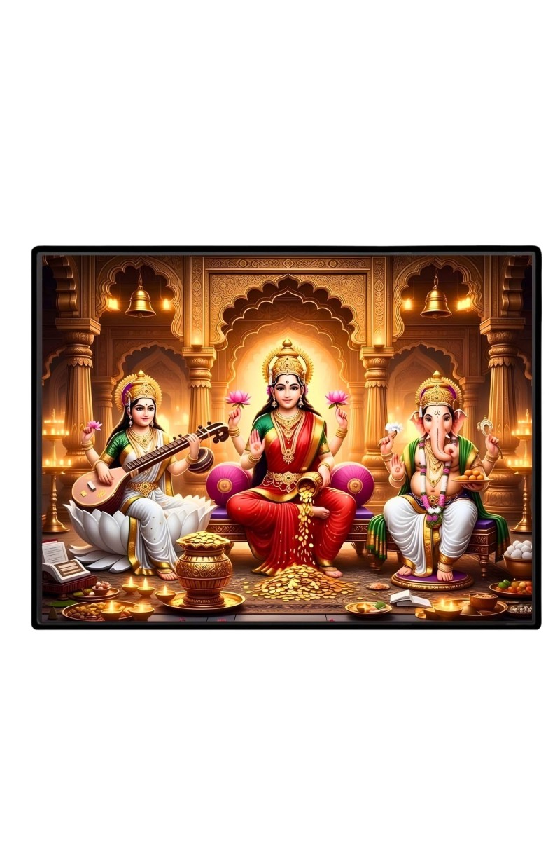Lord Ganesha Maa Laxmi Saraswati Laminated Photo - 7x9 Inches, Divine Blessings For Home & Office And Temple Decoration (F16147)