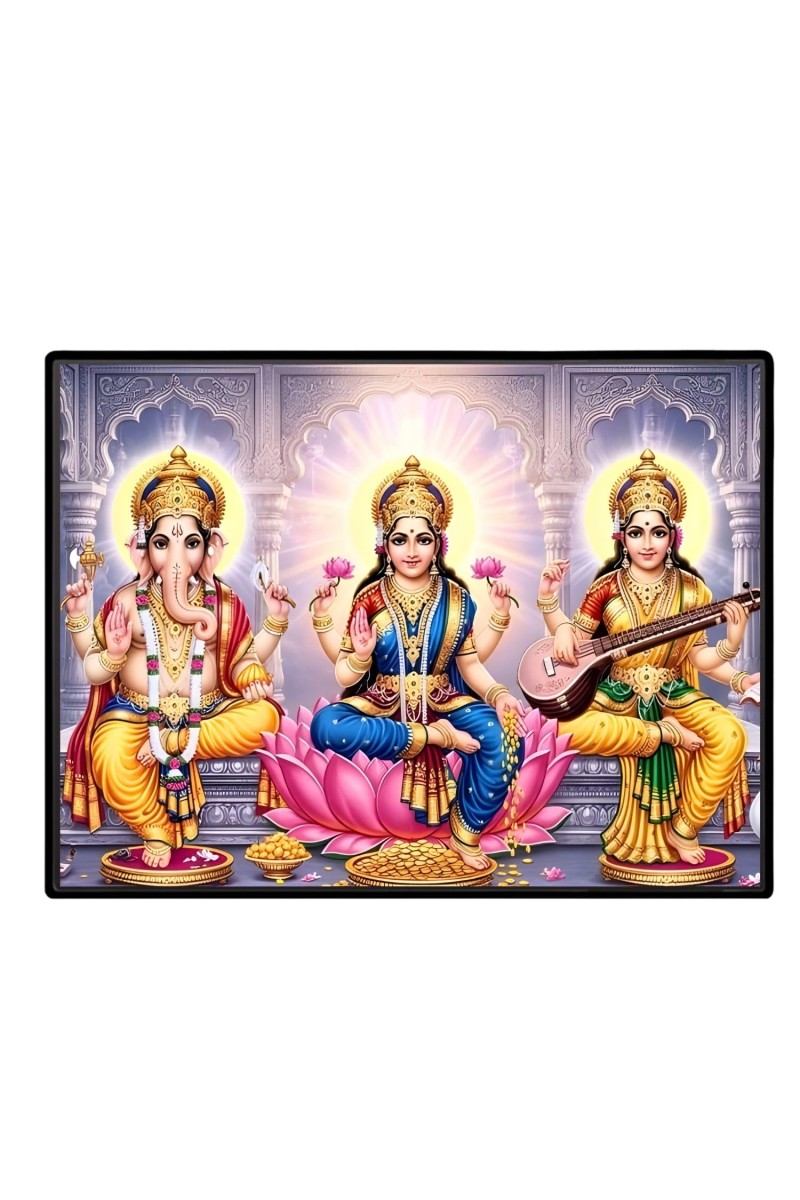 Lord Ganesha Maa Laxmi Saraswati Laminated Photo - 7x9 Inches, Divine Blessings For Home & Office And Temple Decoration (F16142)