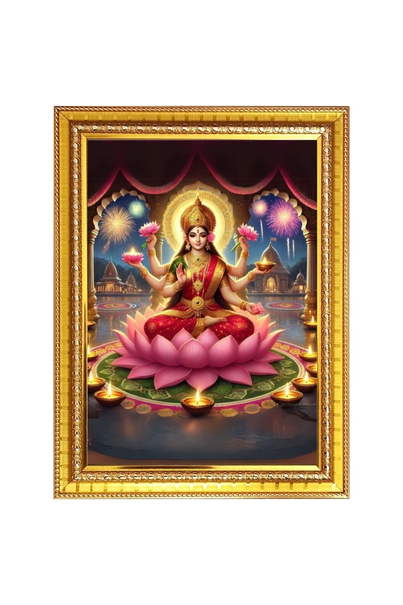 Maa Lakshmi Photo Frame - 12x16 Inches, Brown Wooden Frame for Home, Office & Temple Decoration