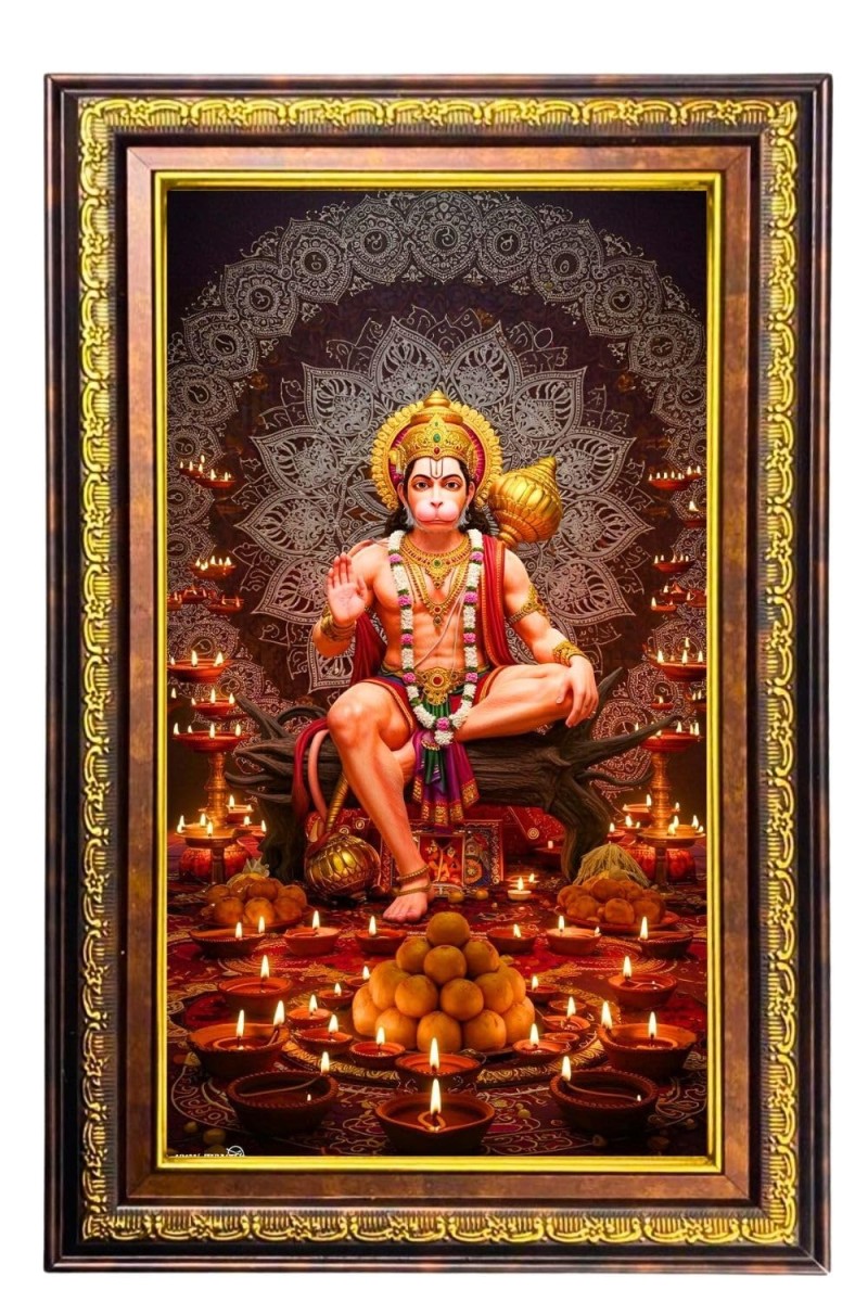 Lord Hanuman Digital Golden Balck Color Photo Frame | Hindu Religious Wall Decor | 10x16 Inches - Inspirational Wall Art For Office, Home Decor - Ideal Spiritual Gift (F16567)