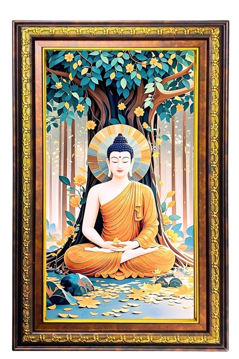 Serene Buddha Digital Golden Balck Color Photo Frame | Hindu Religious Wall Decor | 18x24 Inches - Inspirational Wall Art For Office, Home Decor - Ideal Spiritual Gift (F16483)