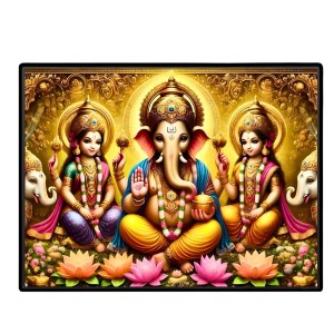Lord Ganesha Maa Laxmi Sarswati Laminated Photo - 7x9 Inches, Divine Blessings For Home & Office And Temple Decoration (F16131)