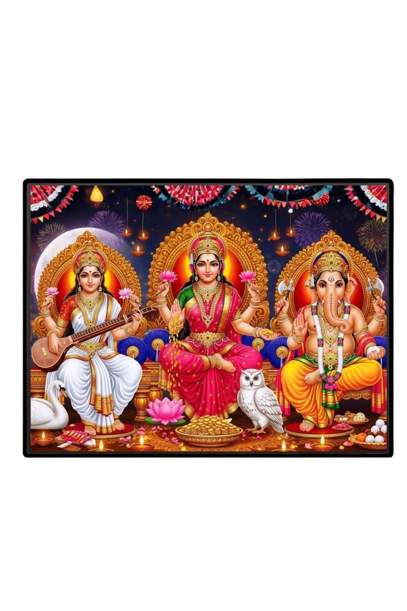 Lord Ganrsha Laxmi Saraswati Laminated Photo - 13x15 Inches, Divine Blessings For Home & Office And Temple Decoration (F16082)