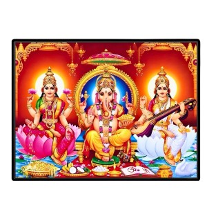 Lord Ganesha Maa Laxmi Sarswati Laminated Photo - 7x9 Inches, Divine Blessings For Home & Office And Temple Decoration (F16132)