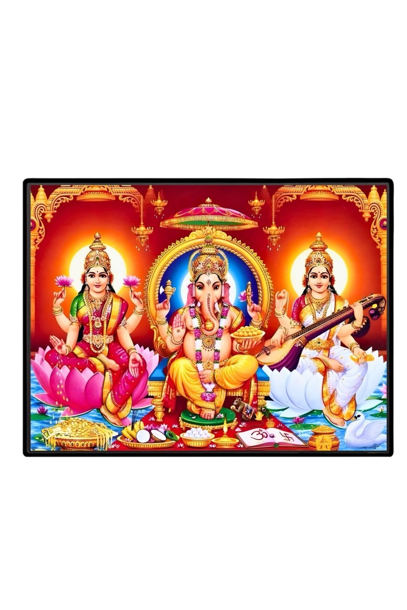 Lord Ganesha Maa Laxmi Saraswati Laminated Photo - 7x9 Inches, Divine Blessings For Home & Office And Temple Decoration (F16132)