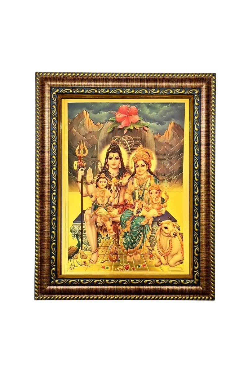 Hitech Sales Lord Shivji Family shiv Parvati Kartik Ganesh with their Bahana gold plated photo with Waterproof Glass Cover 9X7 for Table, Temple Wall, Mandir, Home Decor