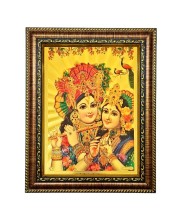 Hitech Sales Lord Sri Radha Krishna gold plated photo with Light Weighted Waterproof Glass Cover 9X7 Wooden Frames for Table, Temple Wall, Mandir, Gym, and Outdoor Spaces, Home Decor
