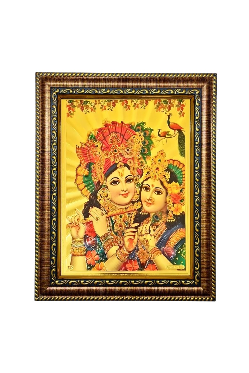 Hitech Sales Lord Sri Radha Krishna gold plated photo with Light Weighted Waterproof Glass Cover 9X7 Wooden Frames for Table, Temple Wall, Mandir, Gym, and Outdoor Spaces, Home Decor