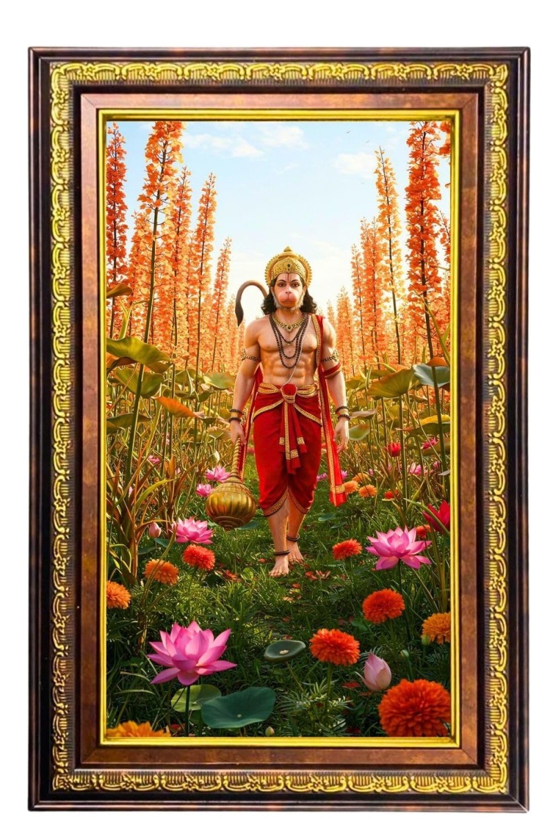 Lord Hanuman Digital Golden Balck Color Photo Frame | Hindu Religious Wall Decor | 10x16 Inches - Inspirational Wall Art For Office, Home Decor - Ideal Spiritual Gift (F16563)