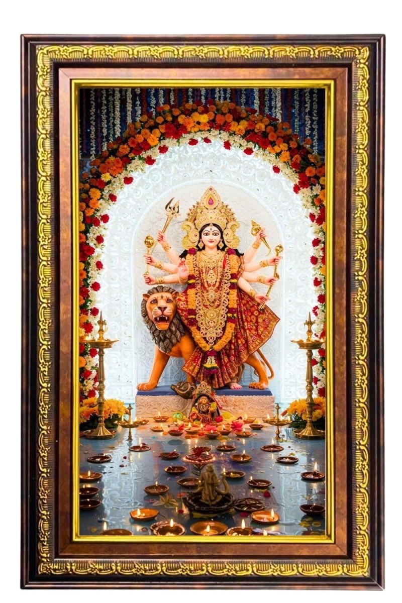 Goddess Durga Digital Golden Balck Color Photo Frame | Hindu Religious Wall Decor | 16x22 Inches - Inspirational Wall Art For Office, Home Decor - Ideal Spiritual Gift (F16908)