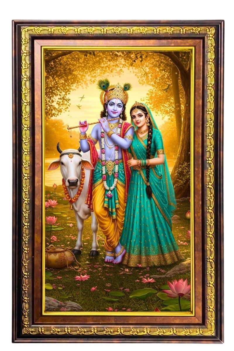 Lord Krishna And Radha Digital Golden Balck Color Photo Frame | Hindu Religious Wall Decor | 14x20 Inches - Inspirational Wall Art For Office, Home Decor - Ideal Spiritual Gift (F16547)