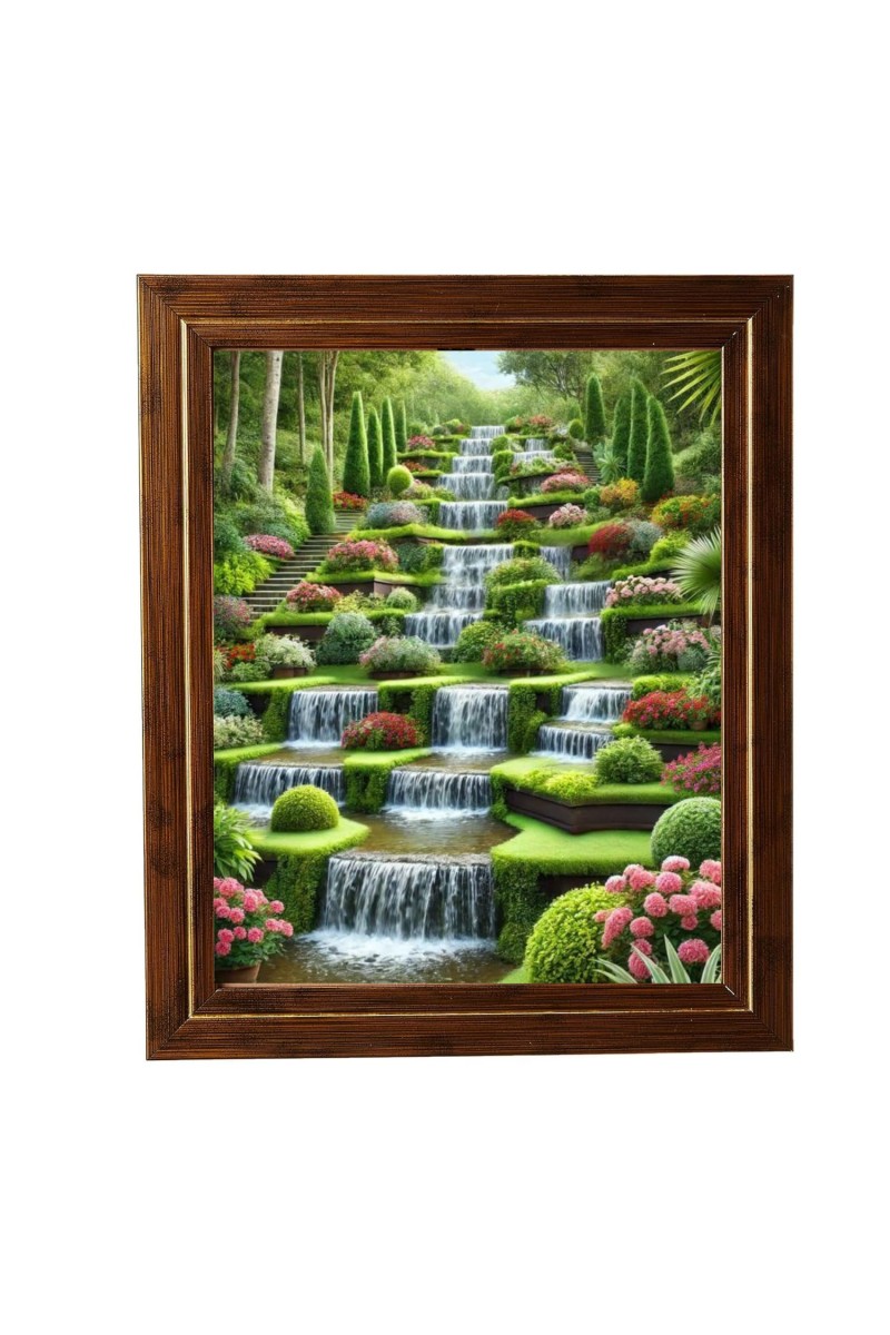 HItech Sales Garden Waterfall Scenery Photo Frame for Kids Room, Bedroom, Living Room (Wall and Tabletop, Rectangular, Printed Photo, 12 x 14 inches Frame, Brown)
