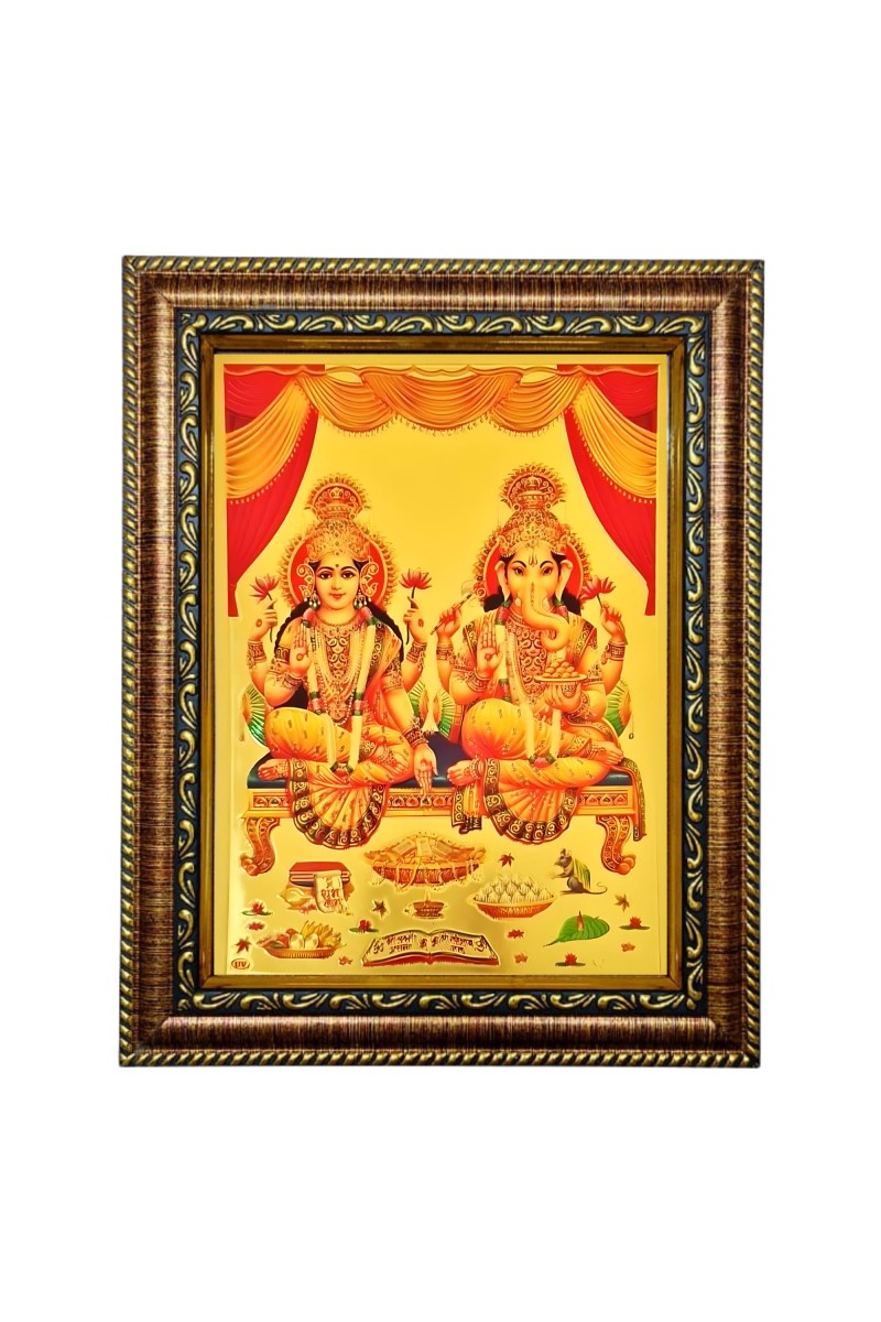 Hitech Sales Lord Sri Laxmi Ganesh Light Weighted 9X7 photoFrame Waterproof Glass Cover 3d photo with Wooden Frames for Table, Temple Wall, Mandir, Gym, and Outdoor Spaces, Home Decor
