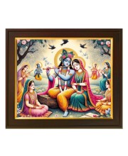 Hitech Sales Radha Krishna playing the flute theme ai Photo with Beautiful 12X10 in synthetic Wood Frame With Glass Tabletop Wallmount display for Home office decor Gift for all occations