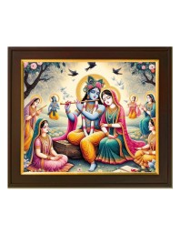 Hitech Sales Radha Krishna playing the flute theme ai Photo with Beautiful 12X10 in synthetic Wood Frame With Glass Tabletop Wallmount display for Home office decor Gift for all occations