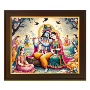 Hitech Sales Radha Krishna playing the flute theme ai Photo with Beautiful 12X10 in synthetic Wood Frame With Glass Tabletop Wallmount display for Home office decor Gift for all occations