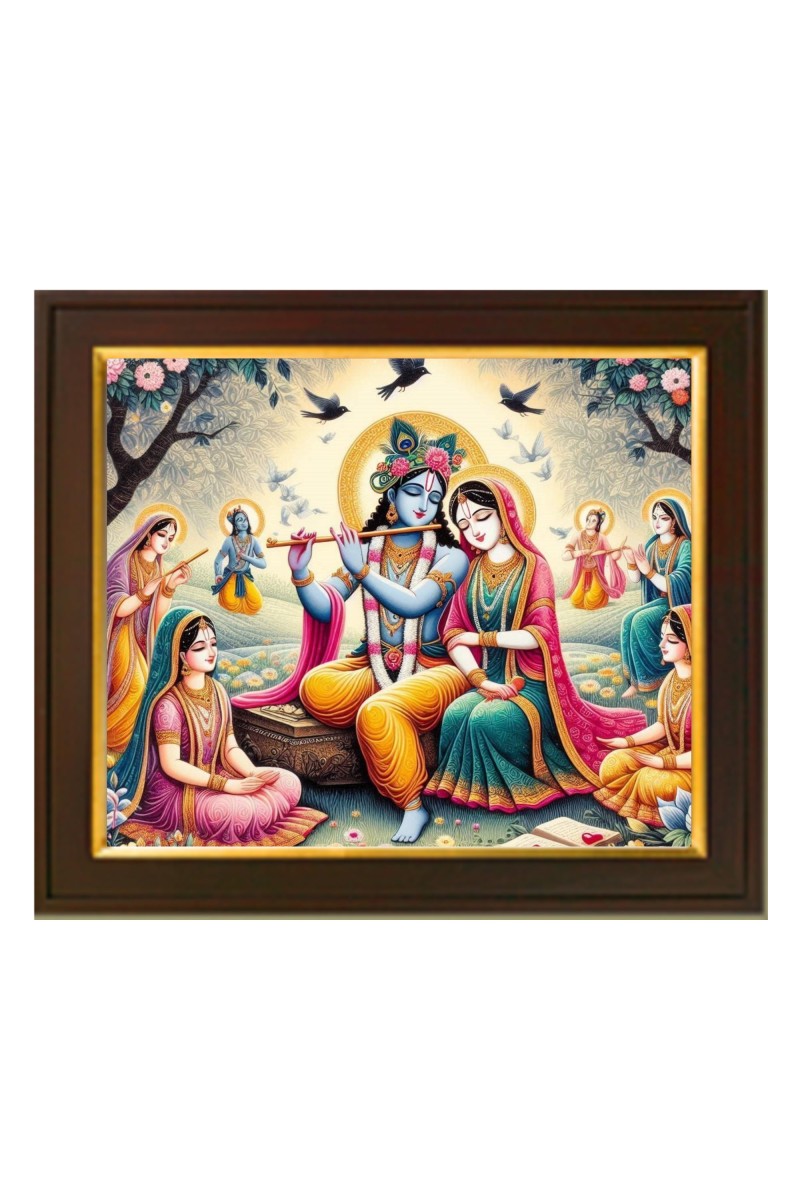 Hitech Sales Radha Krishna playing the flute theme ai Photo with Beautiful 12X10 in synthetic Wood Frame With Glass Tabletop Wallmount display for Home office decor Gift for all occations