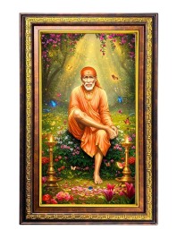 Lord Saibaba Digital Golden Balck Color Photo Frame | Hindu Religious Wall Decor | 18x24 Inches - Inspirational Wall Art For Office, Home Decor - Ideal Spiritual Gift (F16785)