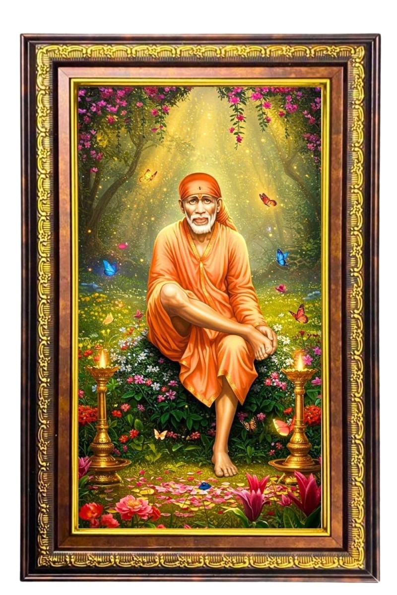Lord Saibaba Digital Golden Balck Color Photo Frame | Hindu Religious Wall Decor | 14x20 Inches - Inspirational Wall Art For Office, Home Decor - Ideal Spiritual Gift (F16785)