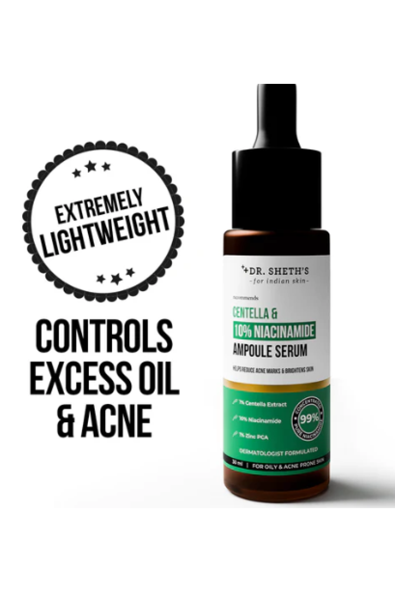Dr. Sheth's Centella & 10% Niacinamide Face Serum | Oil & Sebum Control | Acne Scars, Acne Marks, Redness & Skin Irritation | Lightweight & Quick-Absorbing | Fades Discoloration & Improves Skin Texture | For All Skin Types | 30 ml