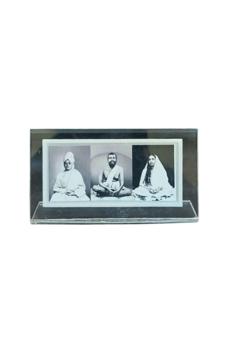 Acrylic Table Photo Black and white Stand with Sri Ramakrishna, Sarada Ma & Swami Vivekananda â€“ Crystal Clear Religious Decorative Frame for Home Temple, Office Desk & Study Table (Black n white)