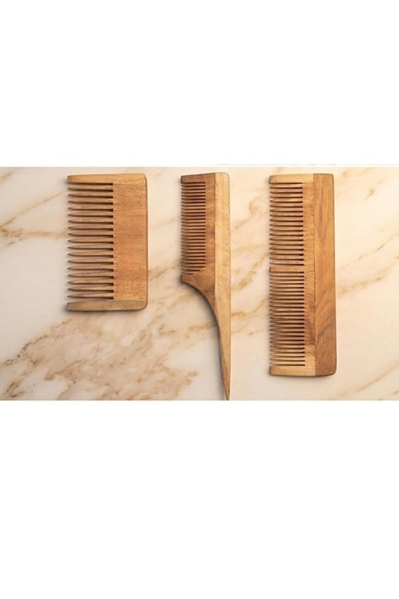 Natural Pure Wooden Hair Comb for Men & Women | Anti-Static Handmade Wood Comb with Fine & Wide Teeth | Scalp Massage Detangling Comb for Smooth & Healthy Hair Care | Beard & Hair Styling Set