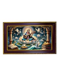 Mata Sarswati Photo Frame 8x4 Inch | Glossy Maroon Polystyrene Frame | Divine Wall & Table Decor | Temple Decoration & Gift Item (Pack Of 1) (F20621)