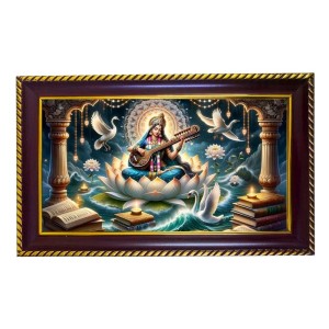 Mata Sarswati Photo Frame 8x4 Inch | Glossy Maroon Polystyrene Frame | Divine Wall & Table Decor | Temple Decoration & Gift Item (Pack Of 1) (F20621)