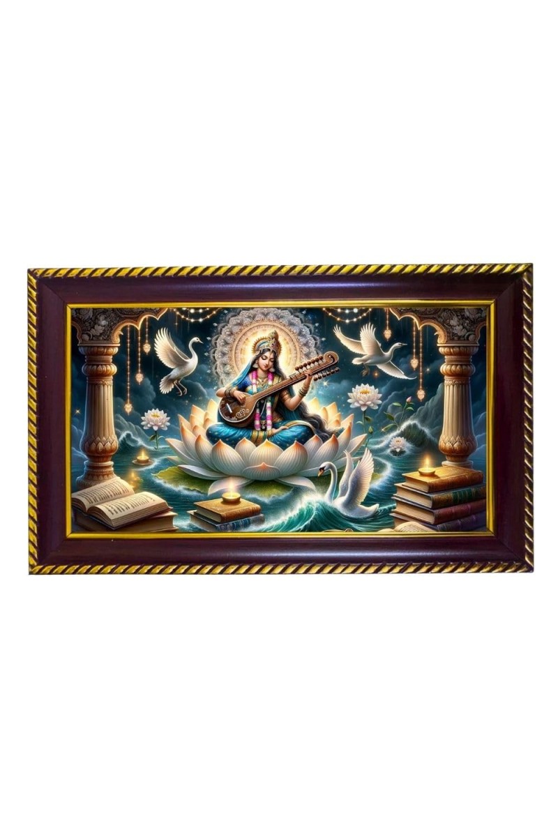 Mata Sarswati Photo Frame 8x4 Inch | Glossy Maroon Polystyrene Frame | Divine Wall & Table Decor | Temple Decoration & Gift Item (Pack Of 1) (F20621)