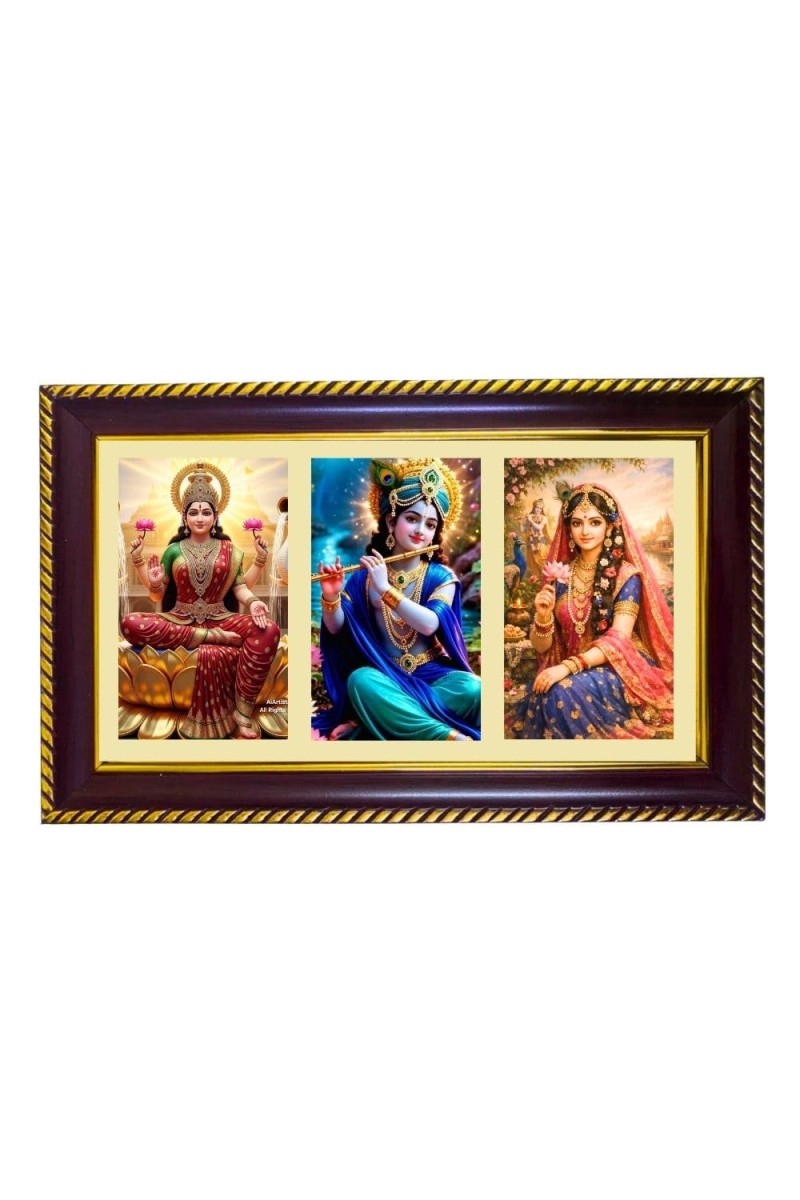 Lakshmi-Krishna-Radha Photo Frame 12x8 Inch | Glossy Maroon Polystyrene Frame | Divine Wall & Table Decor | Temple Decoration & Gift Item (Pack Of 1) (F20772)