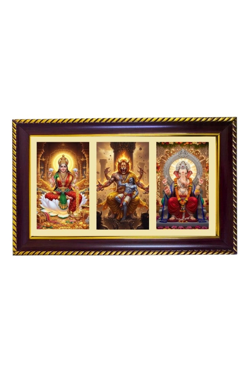 Lakshmi-Narshima-Ganpati Photo Frame 12x8 Inch | Glossy Maroon Polystyrene Frame | Divine Wall & Table Decor | Temple Decoration & Gift Item (Pack Of 1) (F21409)