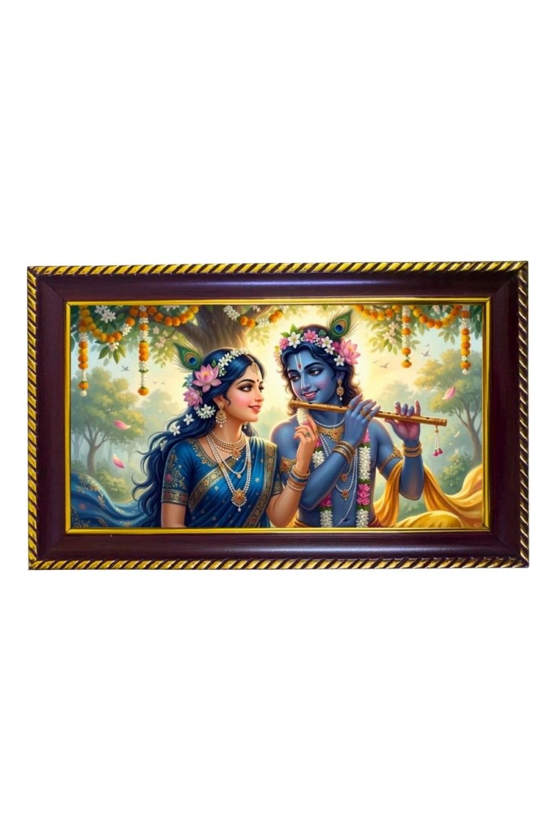 Lord Krishna And Mata Radha Photo Frame 8x4 Inch | Glossy Maroon Polystyrene Frame | Divine Wall & Table Decor | Temple Decoration & Gift Item (Pack Of 1) (F20473)