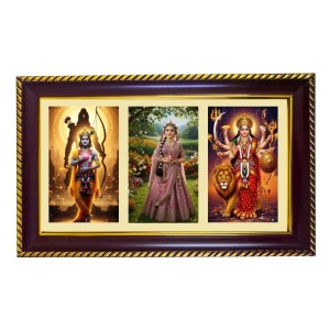 Ram-Sita-Durga Photo Frame 8x4 Inch | Glossy Maroon Polystyrene Frame | Divine Wall & Table Decor | Temple Decoration & Gift Item (Pack Of 1) (F20942)
