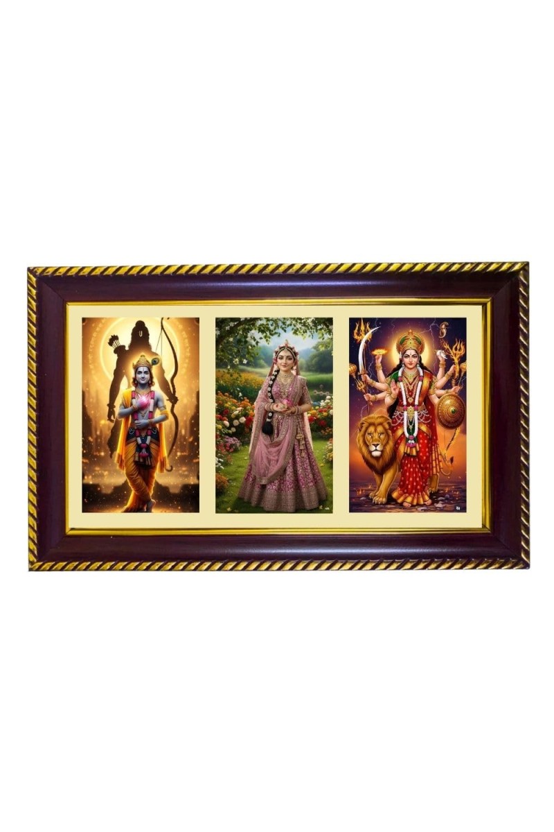 Ram-Sita-Durga Photo Frame 8x4 Inch | Glossy Maroon Polystyrene Frame | Divine Wall & Table Decor | Temple Decoration & Gift Item (Pack Of 1) (F20942)