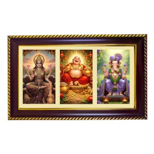 Lakshmi-Kubera-Ganpti Photo Frame 10x6 Inch | Glossy Maroon Polystyrene Frame | Divine Wall & Table Decor | Temple Decoration & Gift Item (Pack Of 1) (F21360)